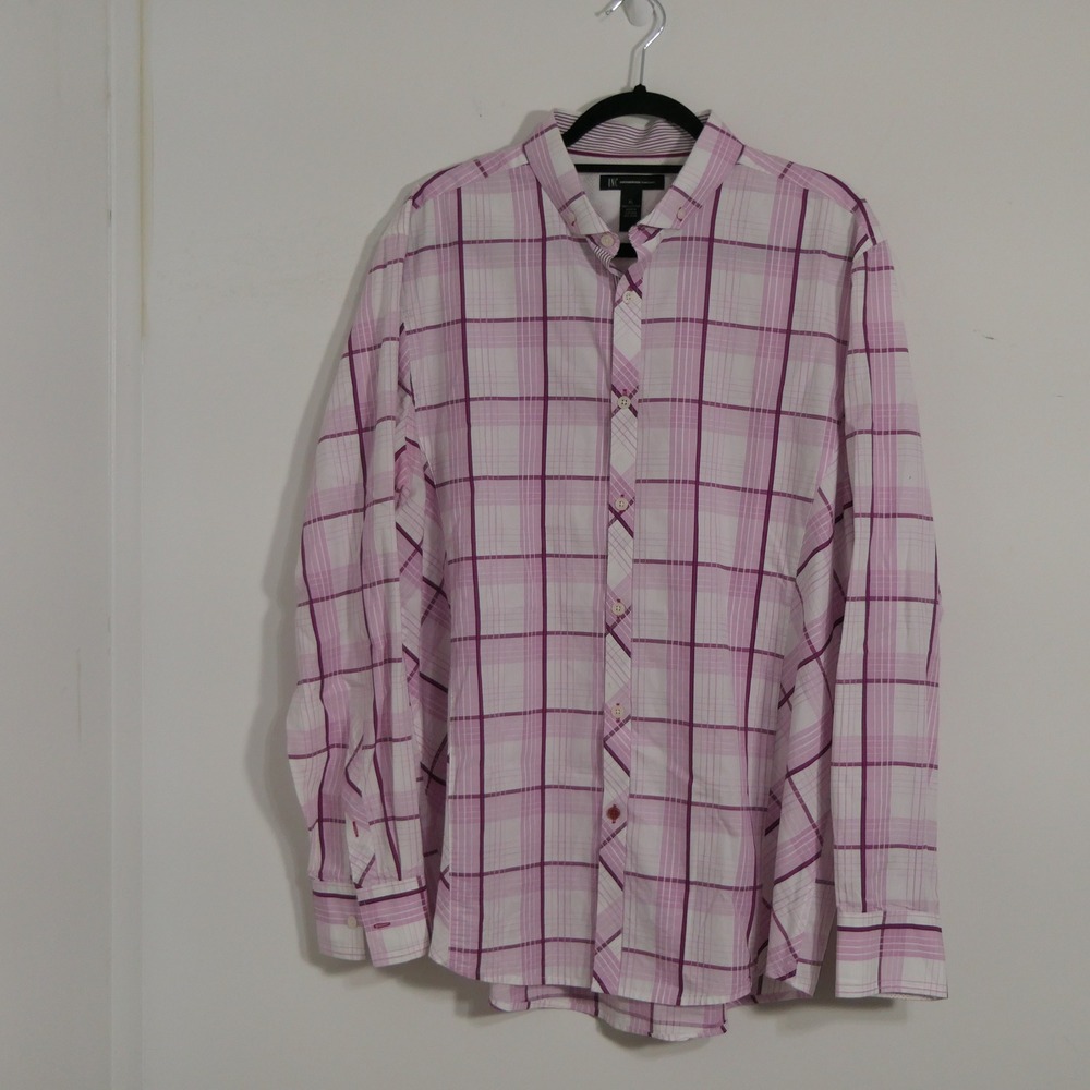 INC Mens Button Down Shirt XL Purple/White Plaid Preppy Business Casual Hamptons